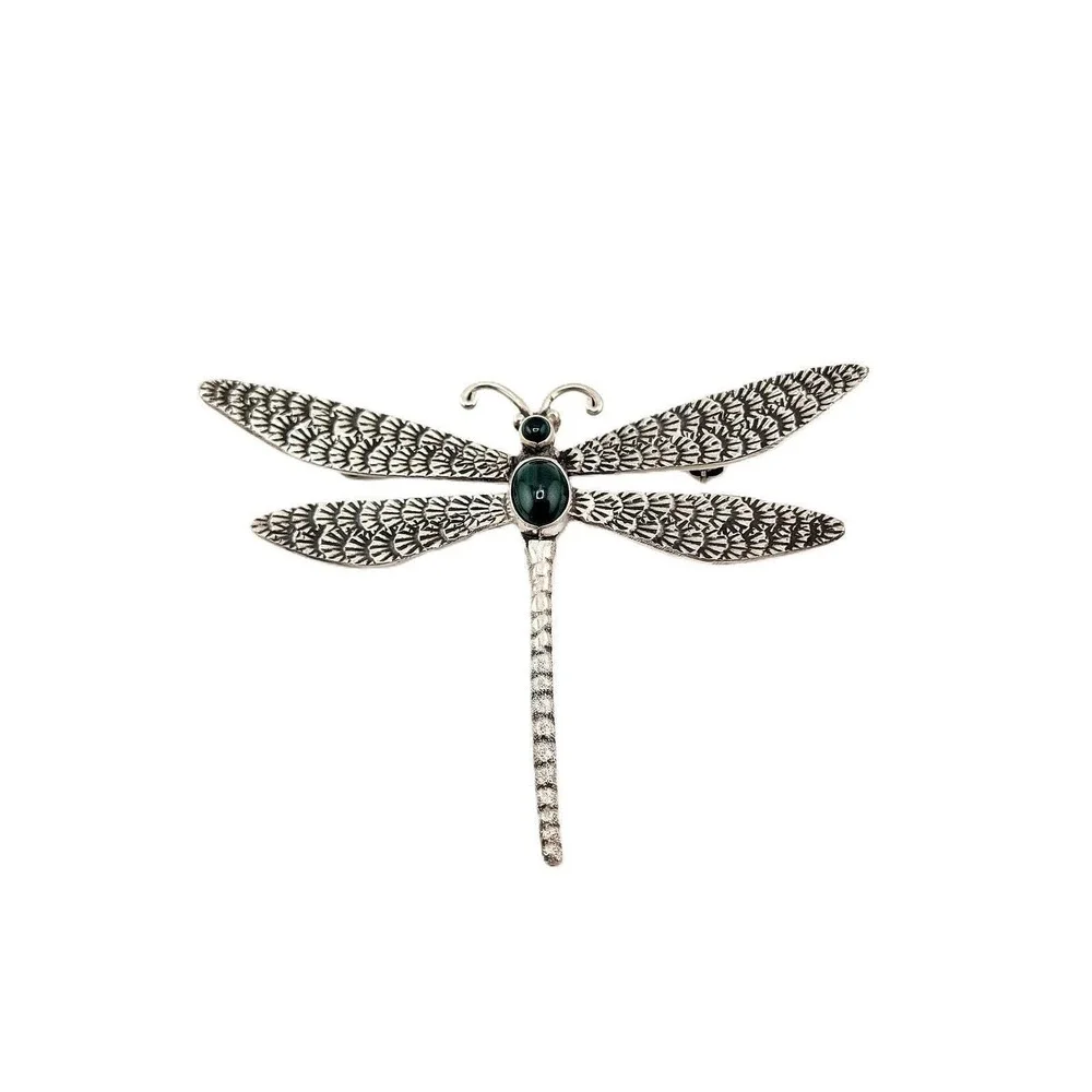LC Sterling Silver Malachite Dragonfly Brooch Vintage Style Textured Wings Pin